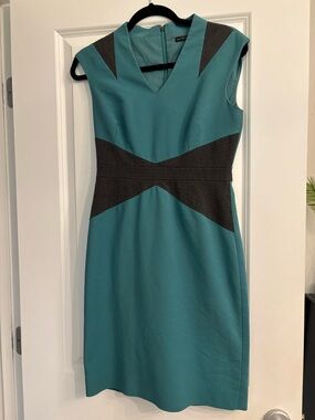 ANTONIO MELANI Teal Sheath Dress with Charcoal Contrast